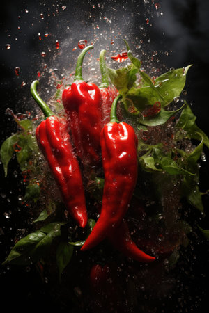 Fresh red hot peppers sprinkled with water drops on black background for making chili sauceの素材