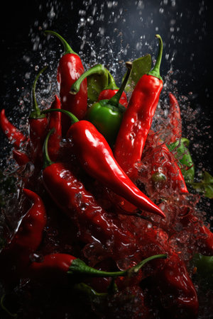 Fresh red hot peppers sprinkled with water drops on black background for making chili sauceの素材