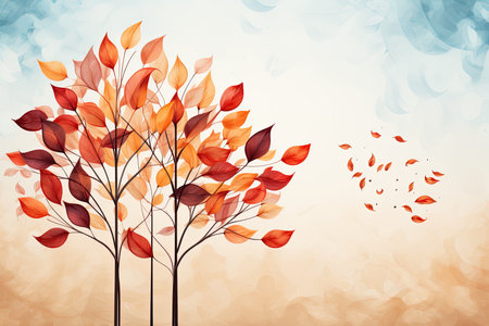 Beautiful watercolor backgrounds of falling autumn leaves in brown colors with copy space.の素材