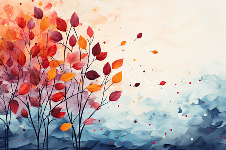 Beautiful watercolor backgrounds of falling autumn leaves in brown colors with copy space.の素材