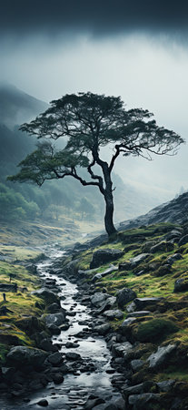 Wonderful landscape of a forest with mists at dawn in autumnの素材