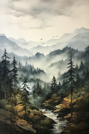 Wonderful landscape of a forest with mists at dawn in autumnの素材