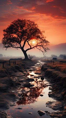 Wonderful landscape of a forest with mists at dawn in autumnの素材