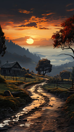 Wonderful landscape of a forest with mists at dawn in autumnの素材