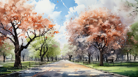 Beautiful watercolors of London city parks with trees, lakes and plantsの素材