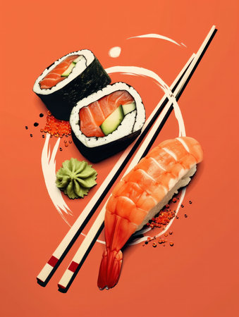 Different types of preparation for salmon, bluefin tuna, and avocado sushi in the form of nigiri or California rollsの素材