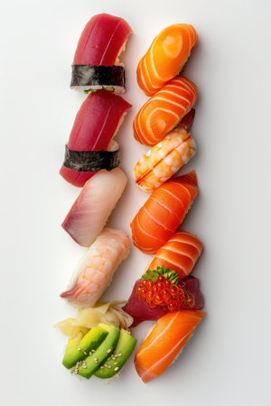 Different types of preparation for salmon, bluefin tuna, and avocado sushi in the form of nigiri or California rollsの素材