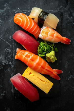 Different pieces of japanese sushi served on black stone tray with wasabi and gingerの素材