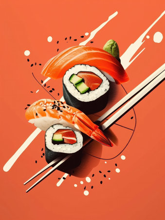 Different types of preparation for salmon, bluefin tuna, and avocado sushi in the form of nigiri or California rollsの素材