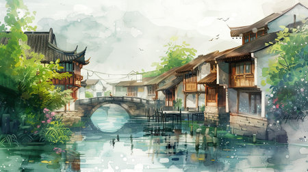 A small town in Japan with traditional wooden and stone houses located on a river on a cloudy dayの素材