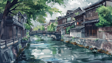 A small town in Japan with traditional wooden and stone houses located on a river on a cloudy dayの素材