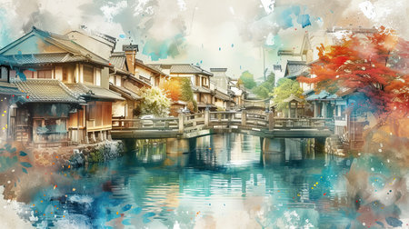 A small town in Japan with traditional wooden and stone houses located on a river on a cloudy dayの素材