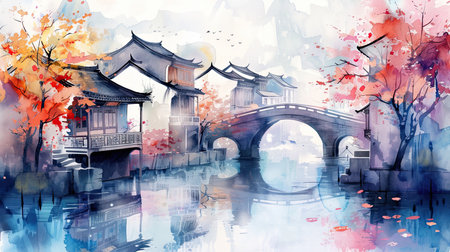 A small town in Japan with traditional wooden and stone houses located on a river on a cloudy dayの素材
