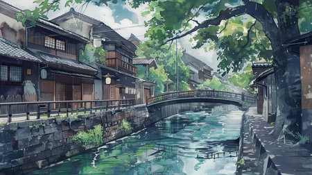 A small town in Japan with traditional wooden and stone houses located on a river on a cloudy dayの素材
