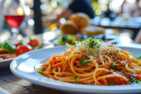 Different types of Italian pasta served with sauces such as bolognese and lasagna on a white plateの素材