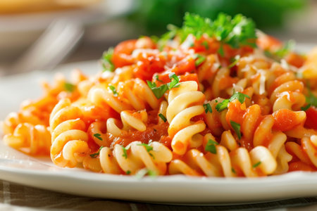 Different types of Italian pasta served with sauces such as bolognese and lasagna on a white plateの素材