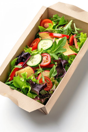 Different types of salads with various lettuces and gourmet tomatoes served in bowls or ready to take awayの素材