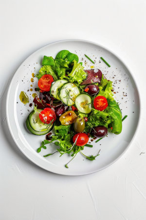Different types of salads with various lettuces and gourmet tomatoes served in bowls or ready to take awayの素材
