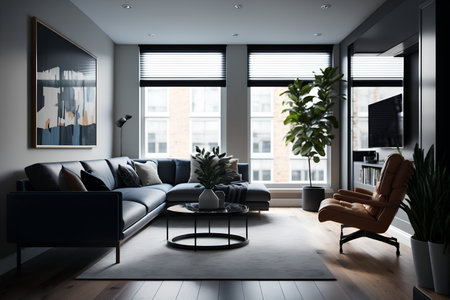 Interior of modern living room with gray walls, wooden floor, black sofa and coffee table with plant. 3d renderingの素材