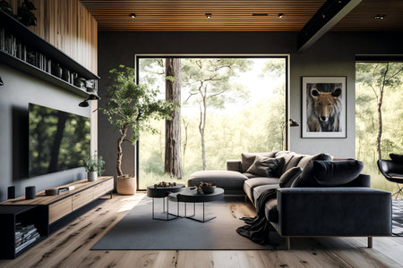 Interior of modern living room with wooden floor, black sofa, coffee table, black armchair, bookshelf and plant. 3d renderの素材