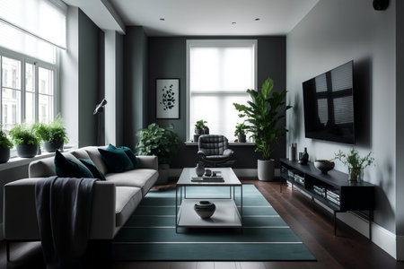 Interior of modern living room with gray walls, wooden floor, grey sofa and coffee table. 3d renderingの素材