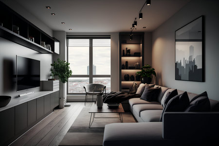 Modern living room interior design with black sofa, coffee table and city view. 3D Renderingの素材