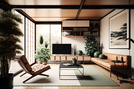 Interior of modern living room with sofa, coffee table, bookshelf and window with city view. 3D Renderingの素材