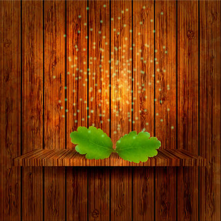 wooden shelf with green leaf. Vector illustration. のイラスト素材