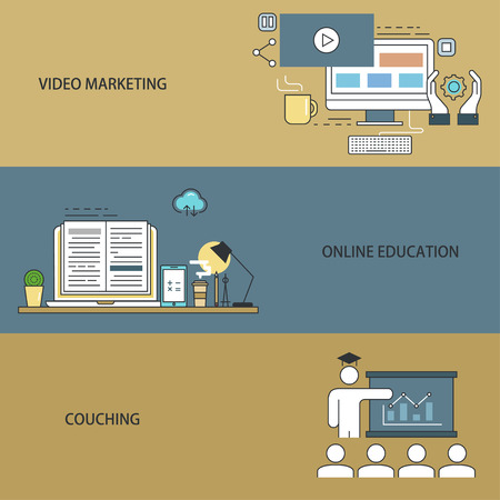Vector modern flat design of video marketing, online education, couching backgrounds banners setのイラスト素材