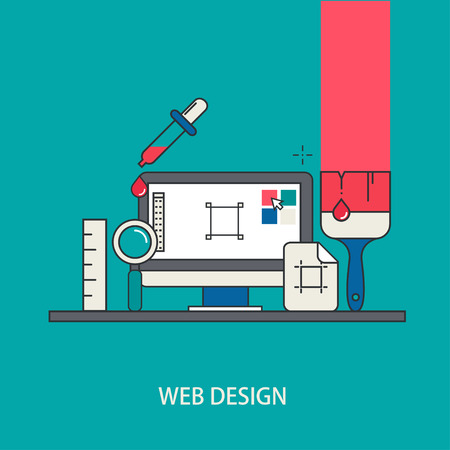 Vector modern thin line flat design of web design and development, workplace artist, creative icons set, technology background.  のイラスト素材