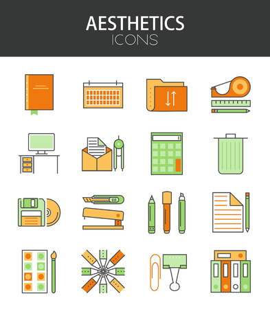 Vector modern thin line flat design of icons set. office outline infographic collectionのイラスト素材