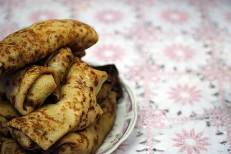 homemade pancakes with meat on table. deliciousの写真素材