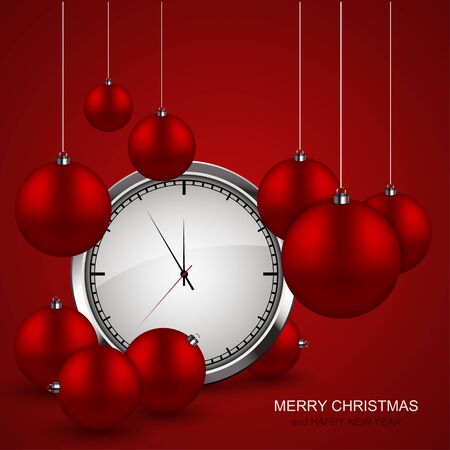 Vector modern red christmas balls with watch background. Xmas invitation card. Eps10のイラスト素材