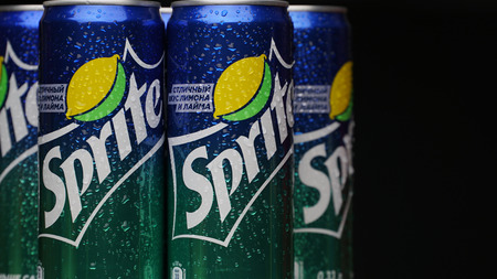 Samara, Russian Federation - July 22, 2018 Sprite can on black background. Sprite is one of the popular drinks.のeditorial素材