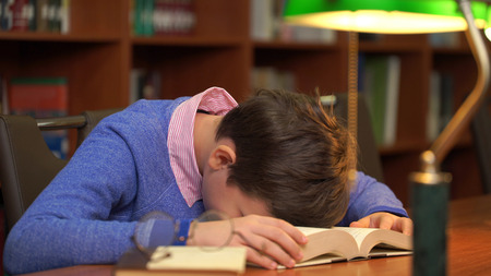 portrait of schoolboy doing their homework and sleeping on the book.の写真素材