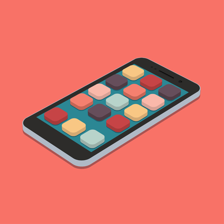 Vector flat smartphone with app icons set on coral color background. app development isometric designのイラスト素材