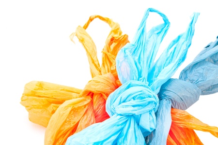 Used plastic bags on a white backgroundの写真素材