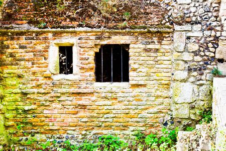 Derelict old brick building with an overgrown yardの写真素材
