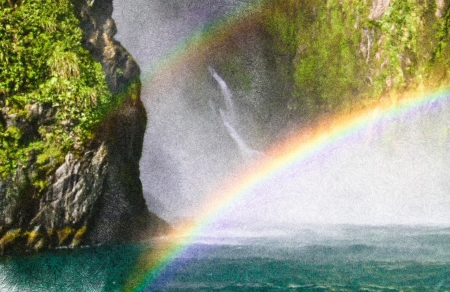 Rainbows and waterfall at Milford Sound, New Zealandの写真素材