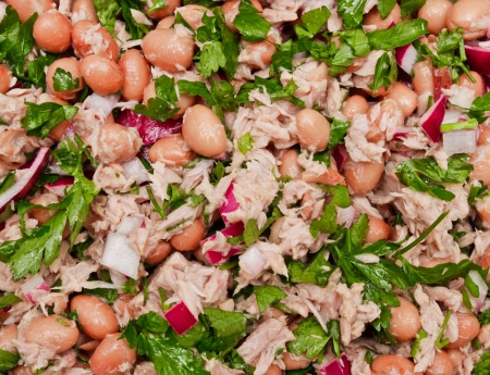 Freshly made tuna and borlotti bean salad as a backgroundの写真素材