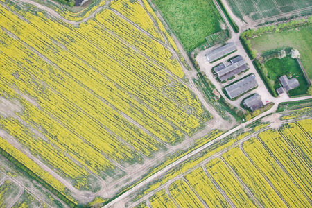 Aerial view of crop fields and farm buildings in Englandの写真素材