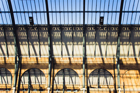 LONDON, UK - APRIL 20 2015: Details of the roof at Kings Cross railway station in London.のeditorial素材