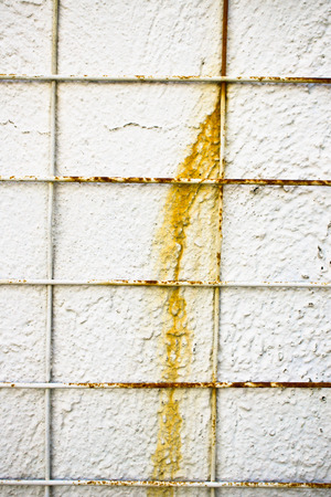 Part of a rusty metal trellace against a white wallの写真素材