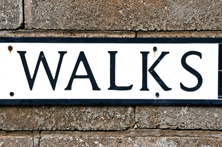 Part of a street name sign with the word walksの写真素材