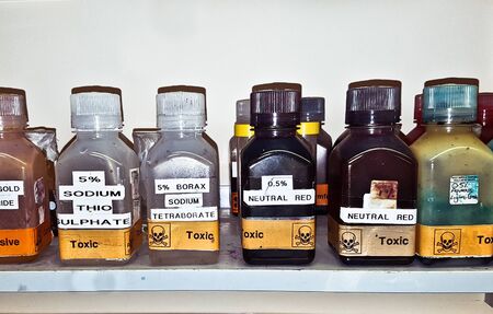 A row of chemicals in a laboratoryの写真素材