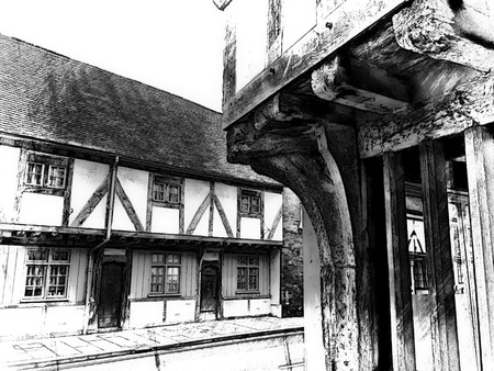 A digital painting of traditional timber cottages in the UKの写真素材