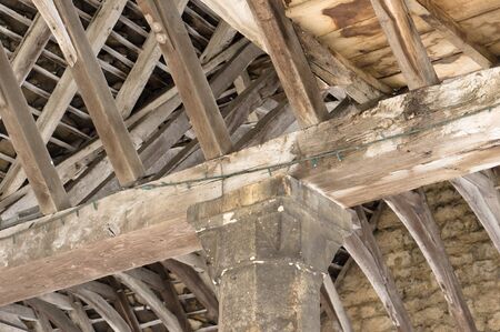 Interior view of the roof timber of a medieval buildingの写真素材