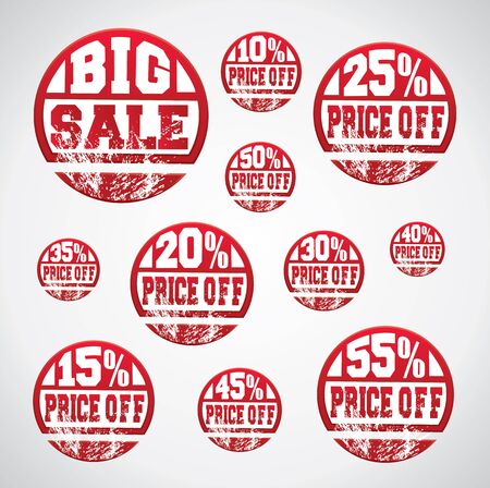 Price off tag, sticker set with percentage discounts and grungy ink splatter on themのイラスト素材