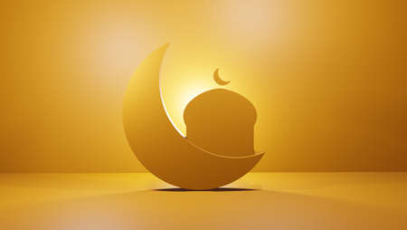 Islamic Ramadan Kareem greeting card design background with shining crescent moon and mosque ornament, perfect for Islamic and Eid al fitr banners, 3d background renderingの写真素材