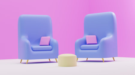3d background rendering , living room interior with two blue chairs and a table, for web pages, presentations or image backgroundsの写真素材